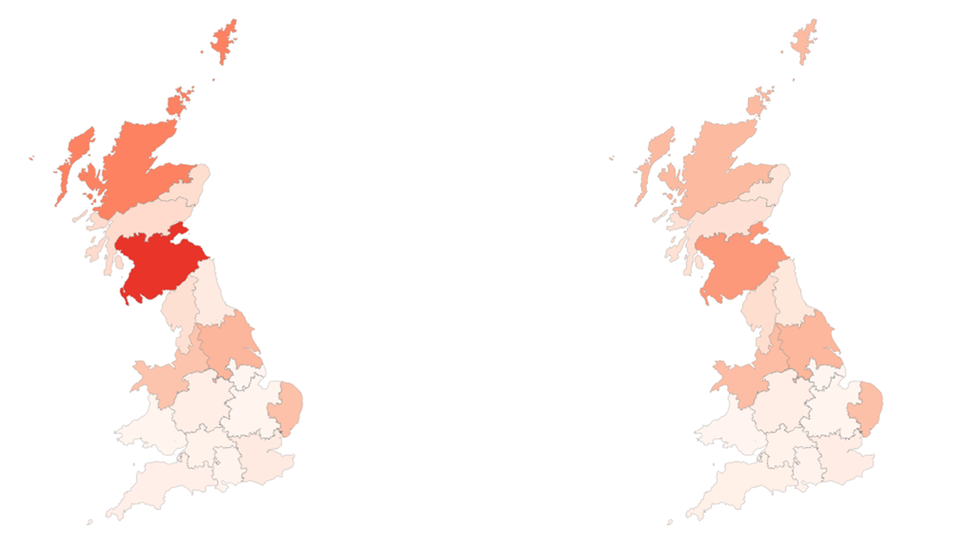 Two map images Anticipated network constraint regions in 2030 under the Clean Power pathways, Further Flex & Renewables (left) and New Dispatch (right).