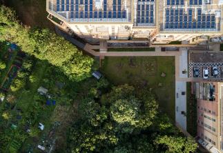 top of flats with solar panels and allotments