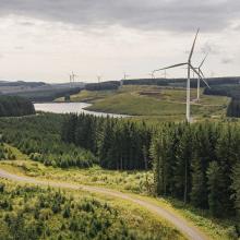 Wind Turbines across land with a country road and trees