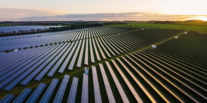 Solar panels in a field with sun setting on them