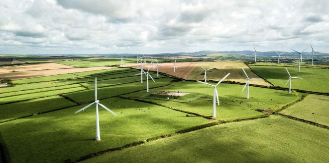 Wind Turbines In Field with sunshine