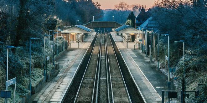 Empty railway station on a frosty morning