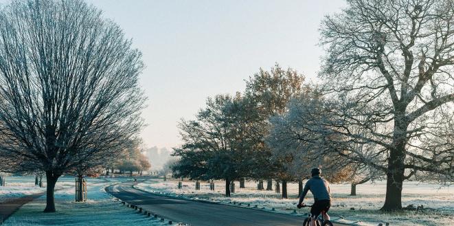 Person cycling on a straight road with frost on the trees and ground