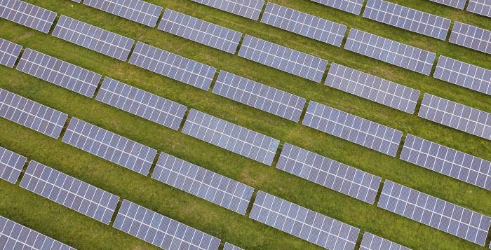 Solar panel rows in a green field