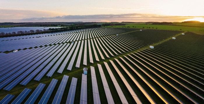 Solar panels in a field with sun setting on them