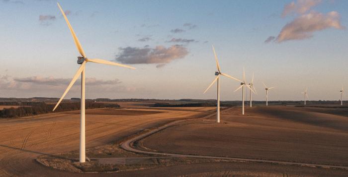 Wind Turbines in a field with the sun setting