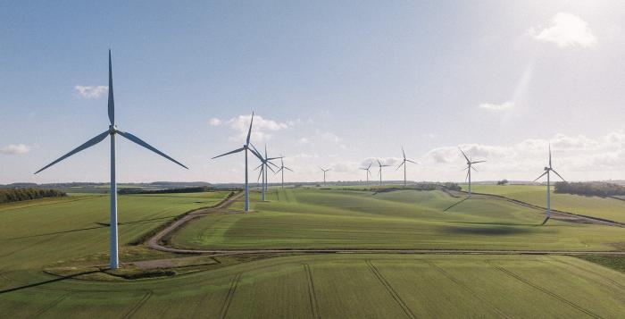 Wind turbines in field