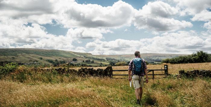 Man walking on country path through field